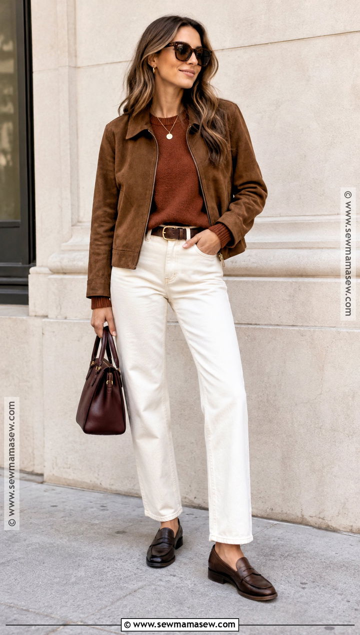 Suede Jacket And White Jeans Fall Outfit - 25 stylish fall outfits