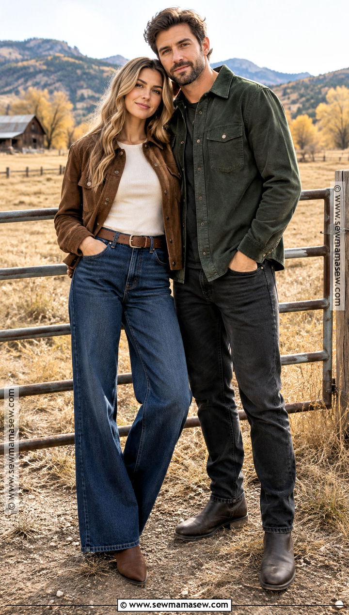 Suede Jacket And Wide Leg Jeans Engagement Outfit - 15 engagement photos outfits fall country