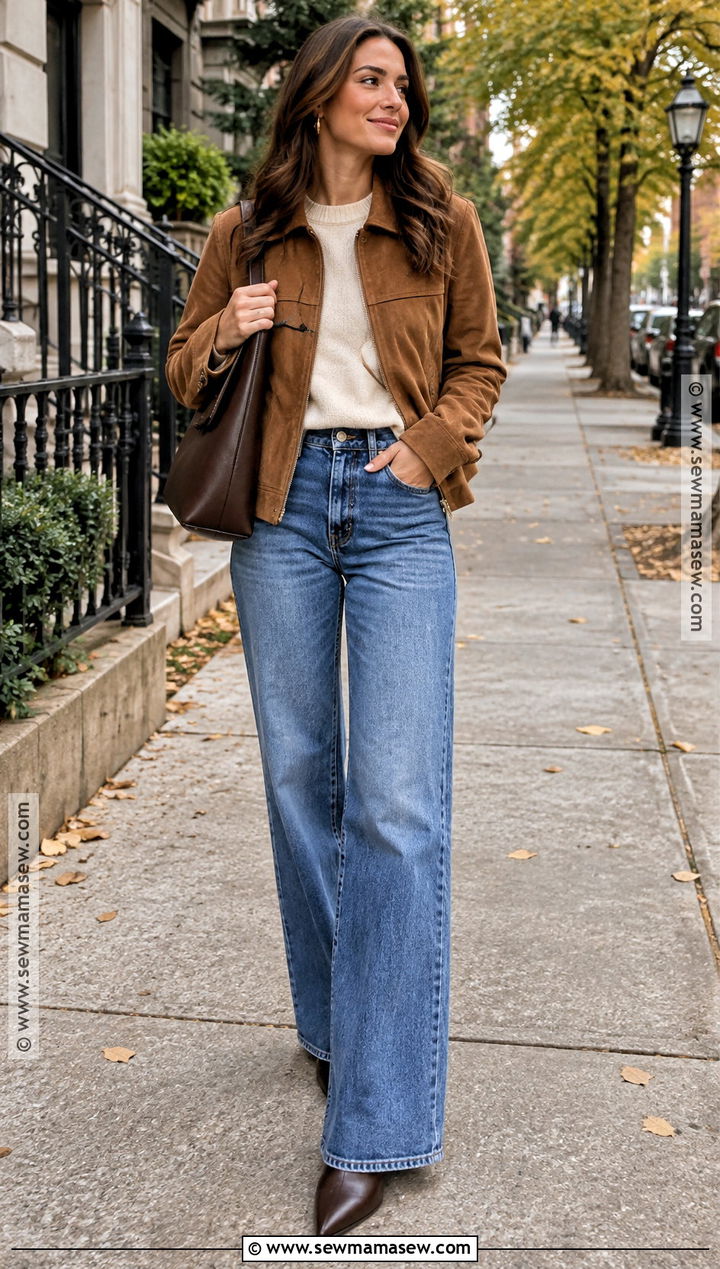 Suede Jacket And Wide Leg Jeans Fall Outfit - 15 fall clothing ideas 2026