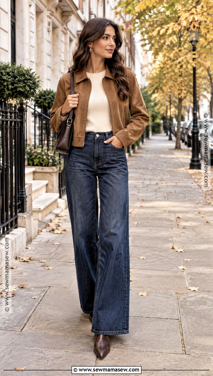Suede Jacket And Wide Leg Jeans Outfit - 15 autumn looks 2026 for women