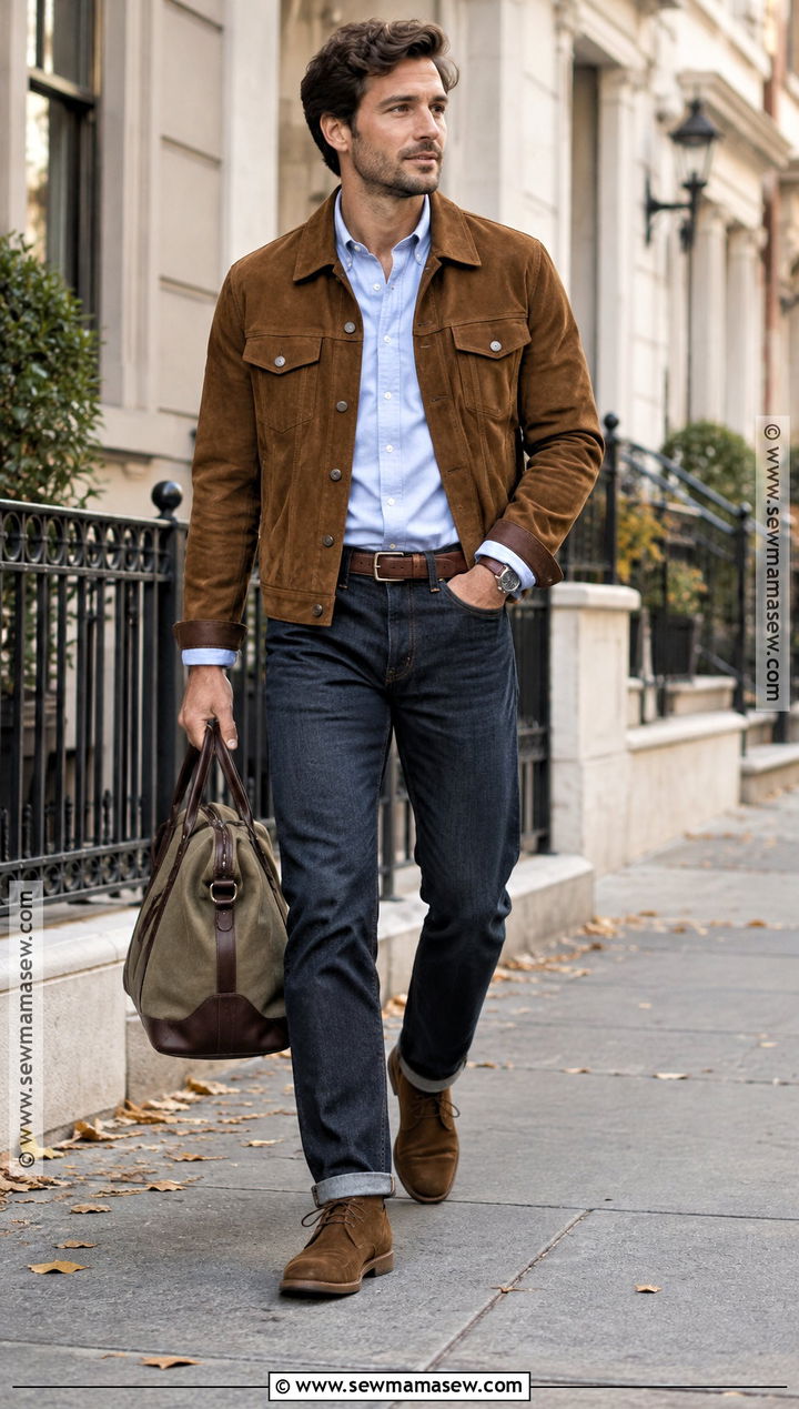 Suede Jacket Autumn Outfit With Oxford Shirt - 25 autumn outfits men casual