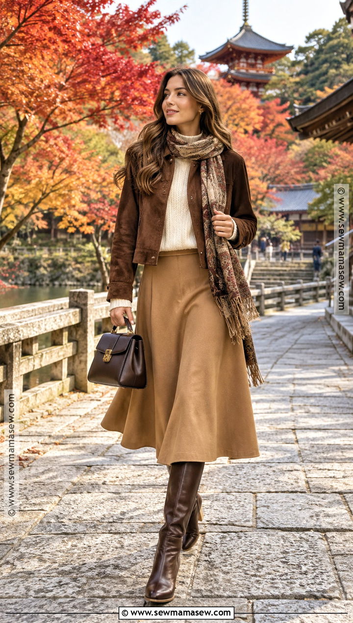 Suede Jacket Cream Sweater Midi Skirt And Boots - 20 Japan Outfit Fall Season Ideas