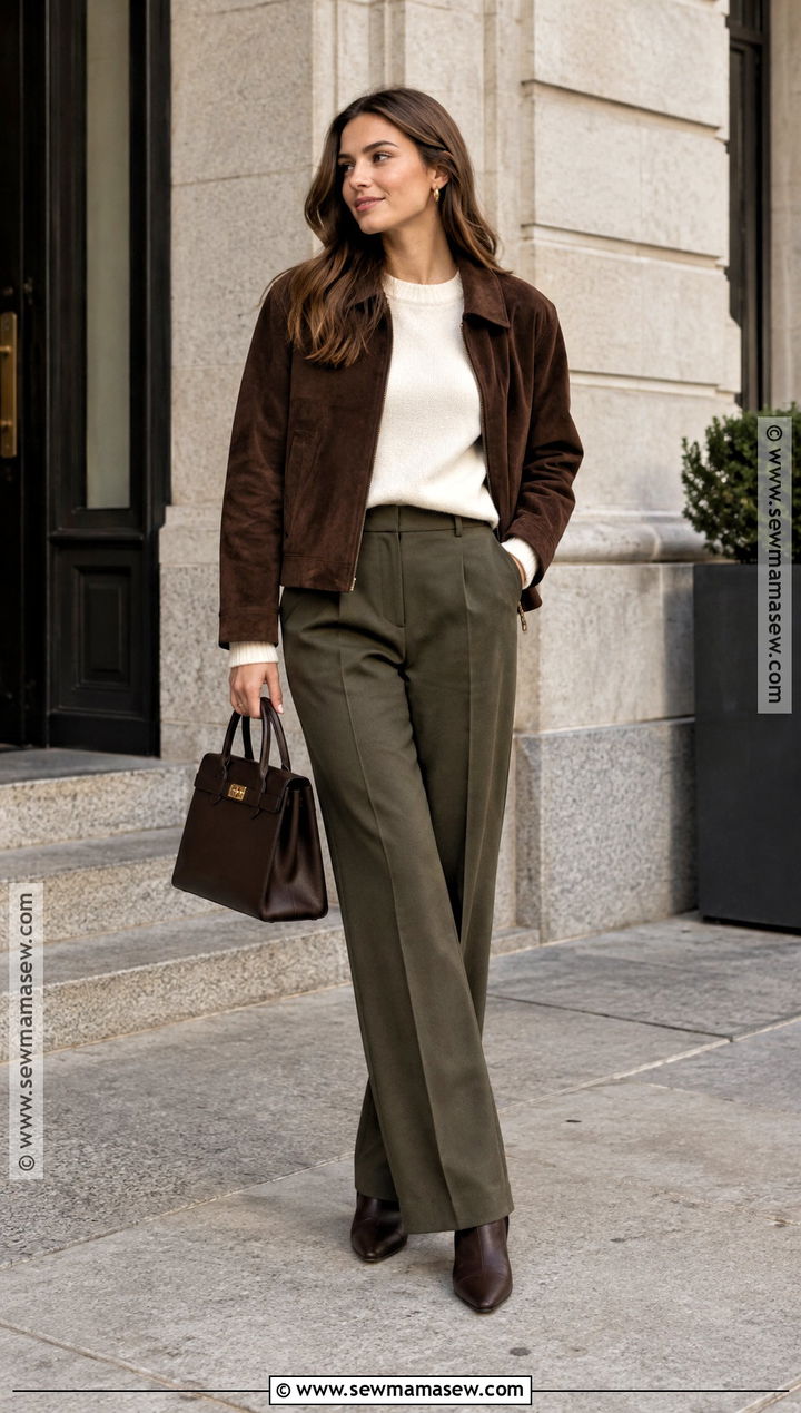 Suede Jacket Cream Sweater and Trousers Fall Outfit - 15 Put Together Fall Outfits