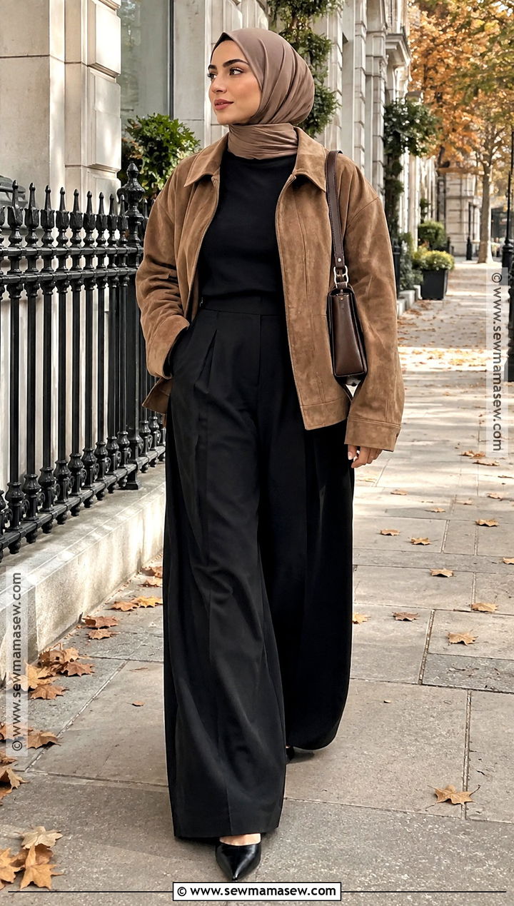 Suede Jacket Hijabi Outfit With Palazzo Pants - 25 fall hijabi outfits