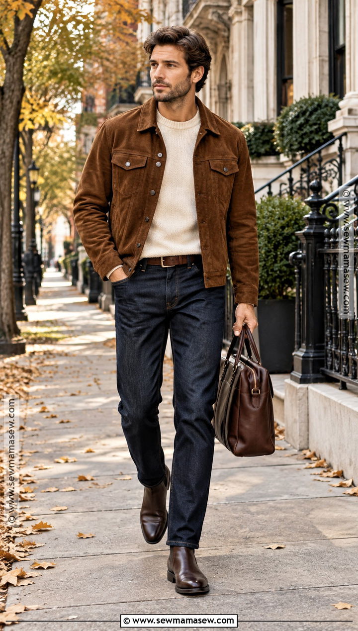 Suede Jacket Knit Sweater and Blue Jeans Outfit - 15 Casual Mens Fall Outfits