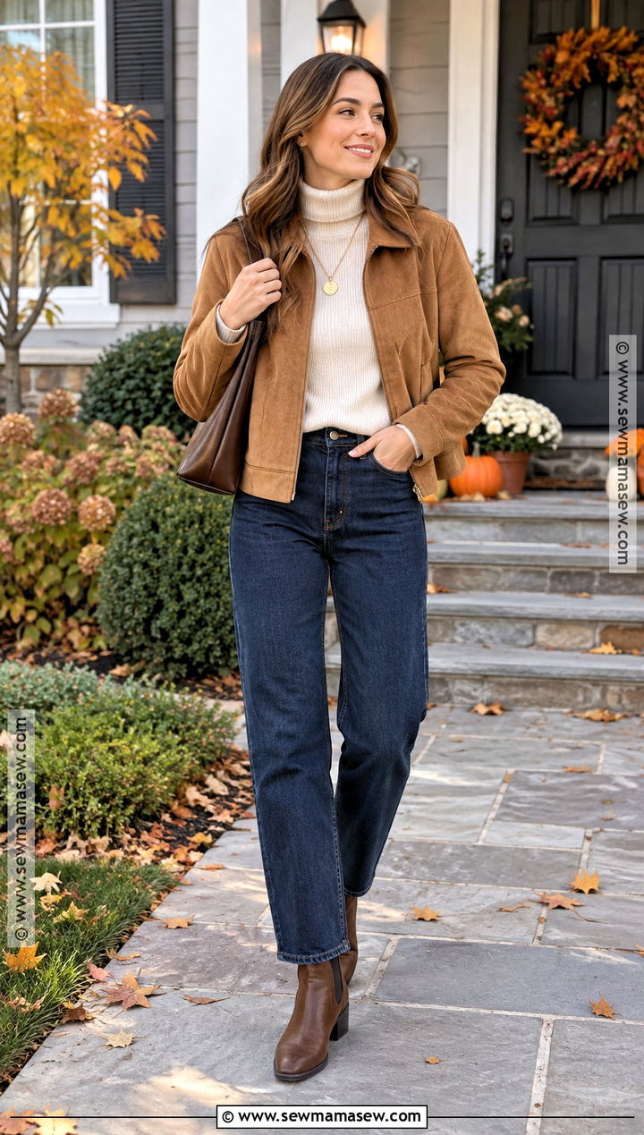 Suede Jacket Thanksgiving Outfit With Straight Leg Jeans - 25 Thanksgiving Fits