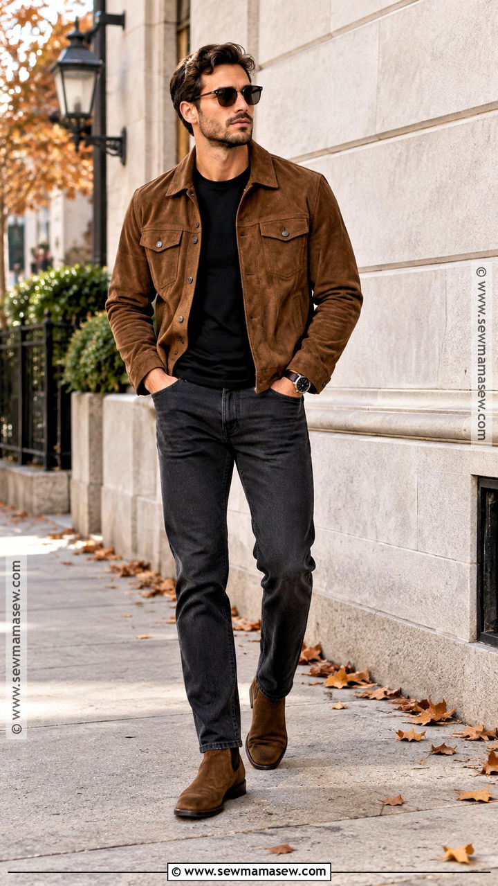 Suede Jacket With Black T Shirt And Dark Jeans - 20 Mens Casual Fall Outfits