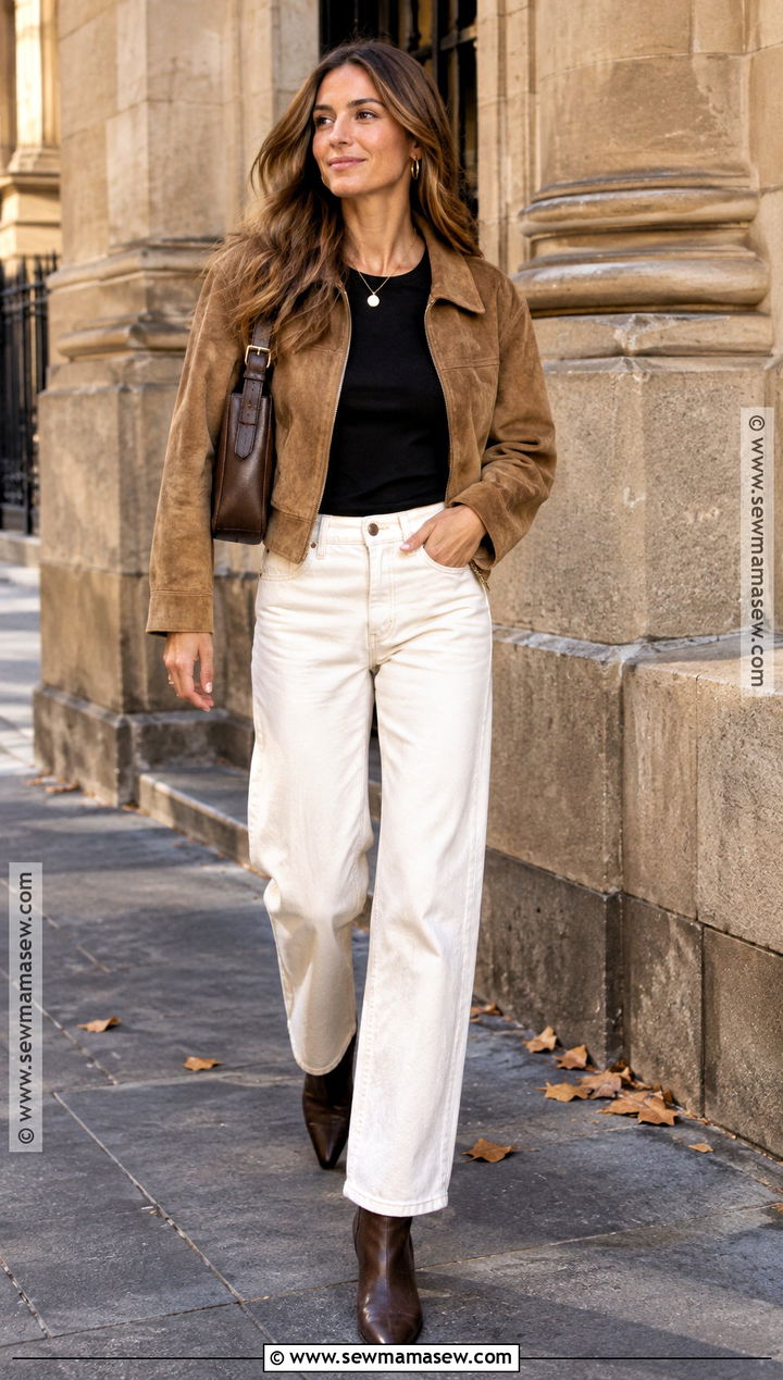 Suede Jacket With Cream Jeans And Ankle Boots - 15 autumn outfits in australia