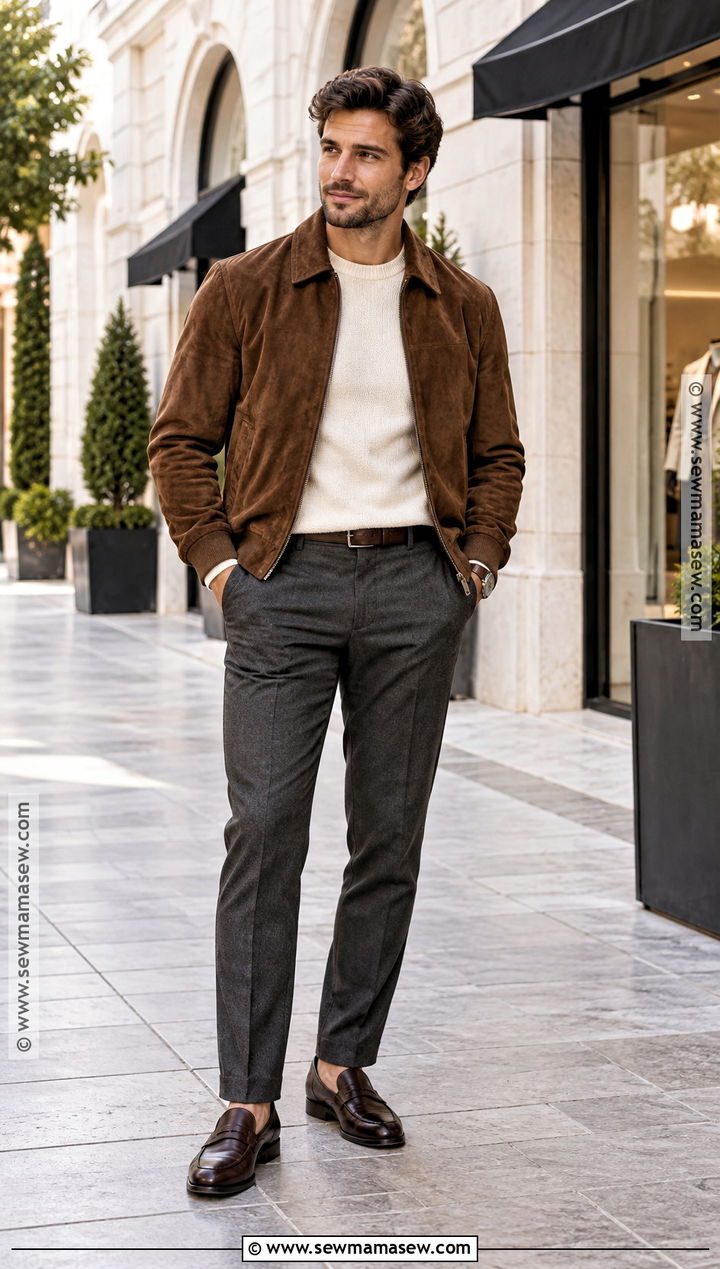 Suede Jacket With Cream Sweater And Trousers - 20 Mens Fall Style Ideas