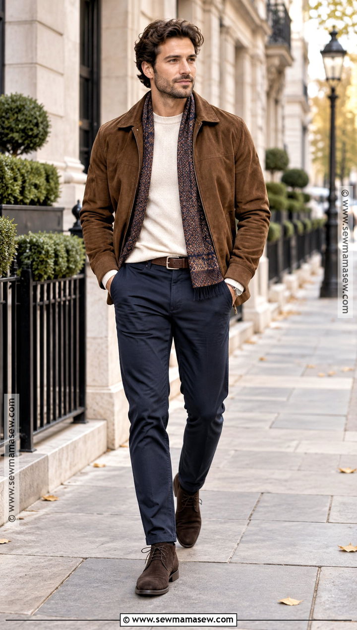Suede Jacket With Cream Sweater and Chinos - 20 Men Autumn Outfit Casual Ideas