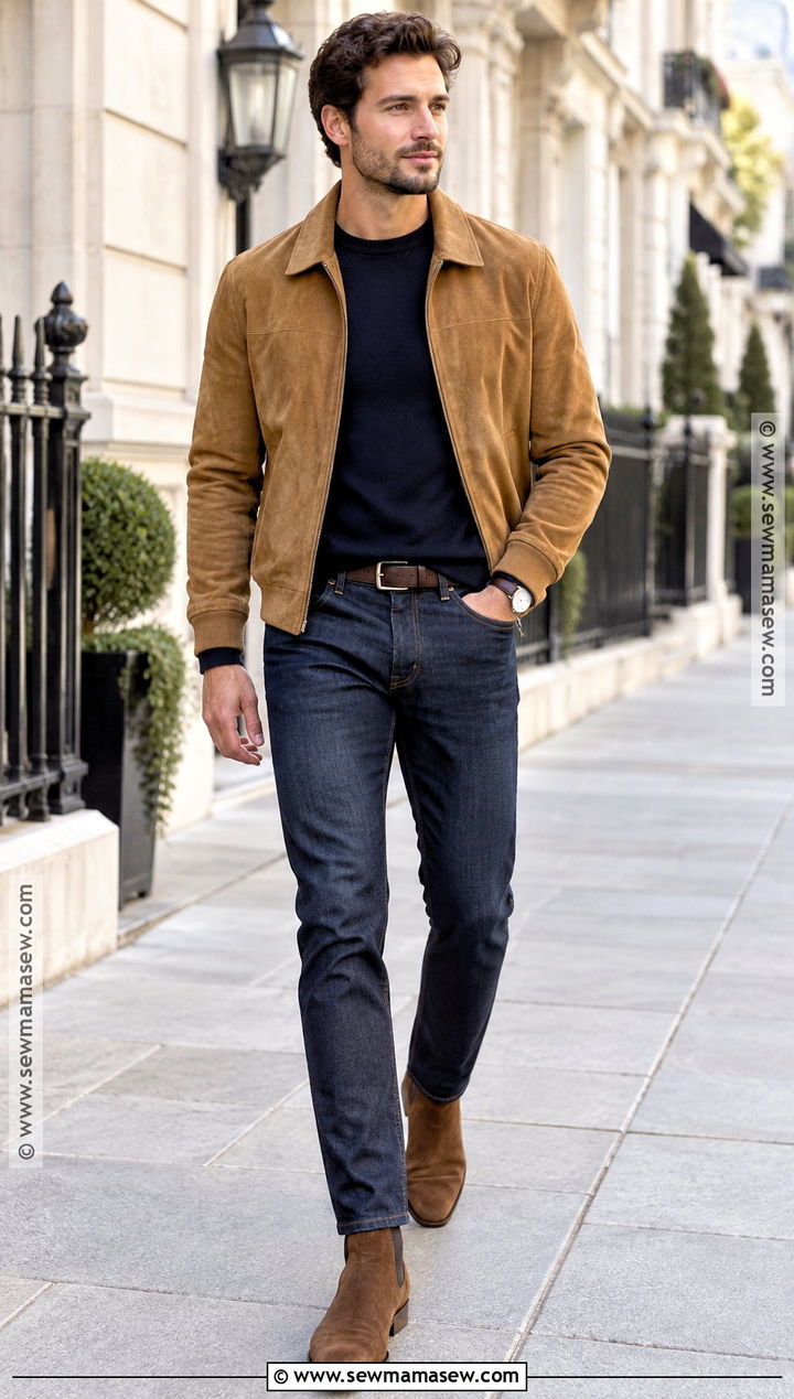 Suede Jacket With Crewneck And Jeans - 20 Casual Outfits Men Fall