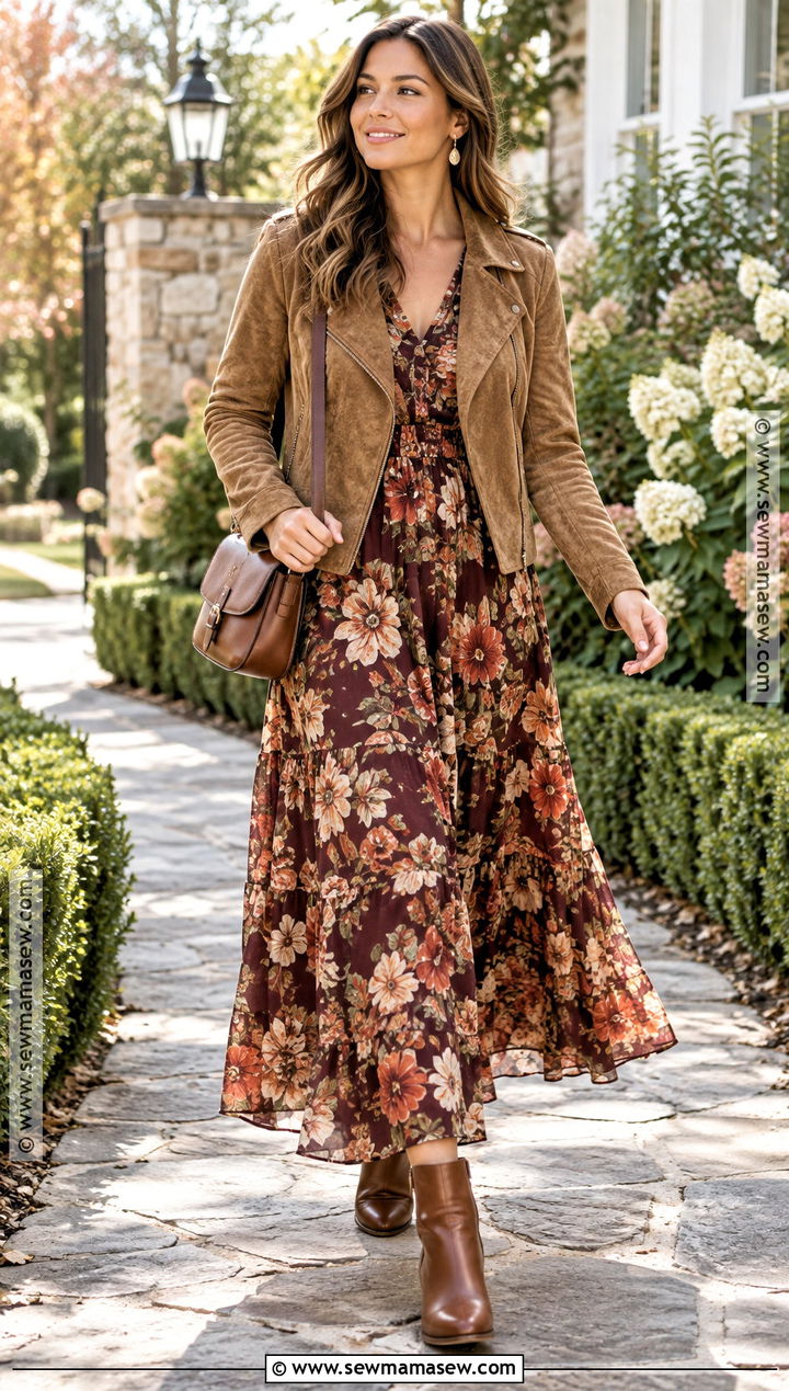 Suede Jacket With Floral Maxi Dress And Ankle Boots - 15 suede jacket fall outfit ideas
