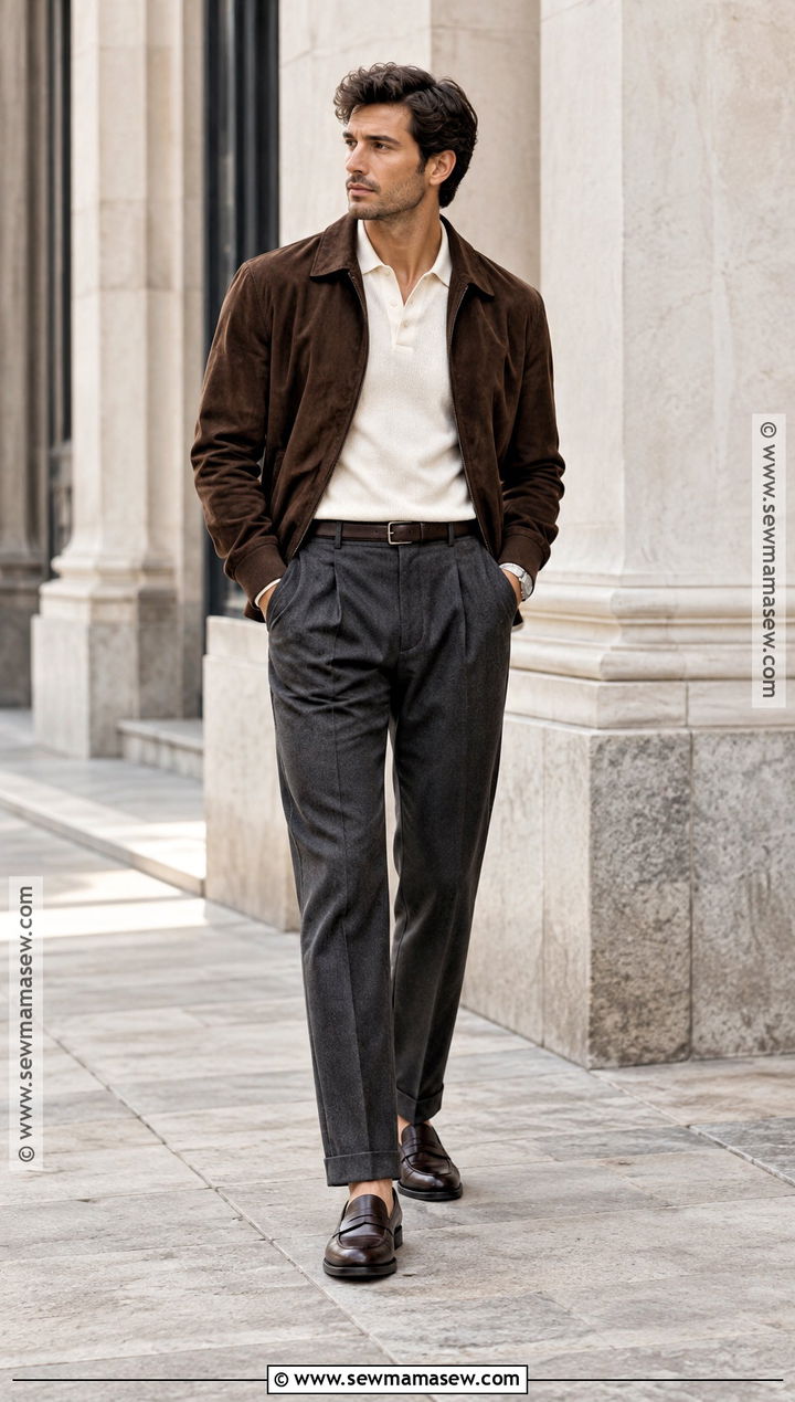 Suede Jacket With Knit Polo And Trousers - 15 Male Outfits Autumn