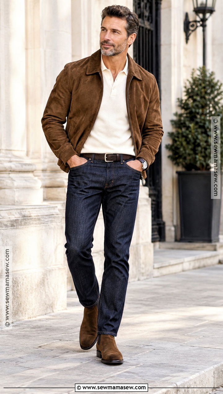 Suede Jacket With Knit Polo and Dark Jeans - 20 fall outfits for men casual