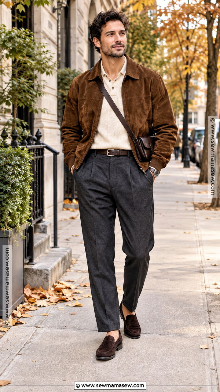 Suede Jacket With Knit Polo and Trousers - 20 fit inspo men autumn ideas
