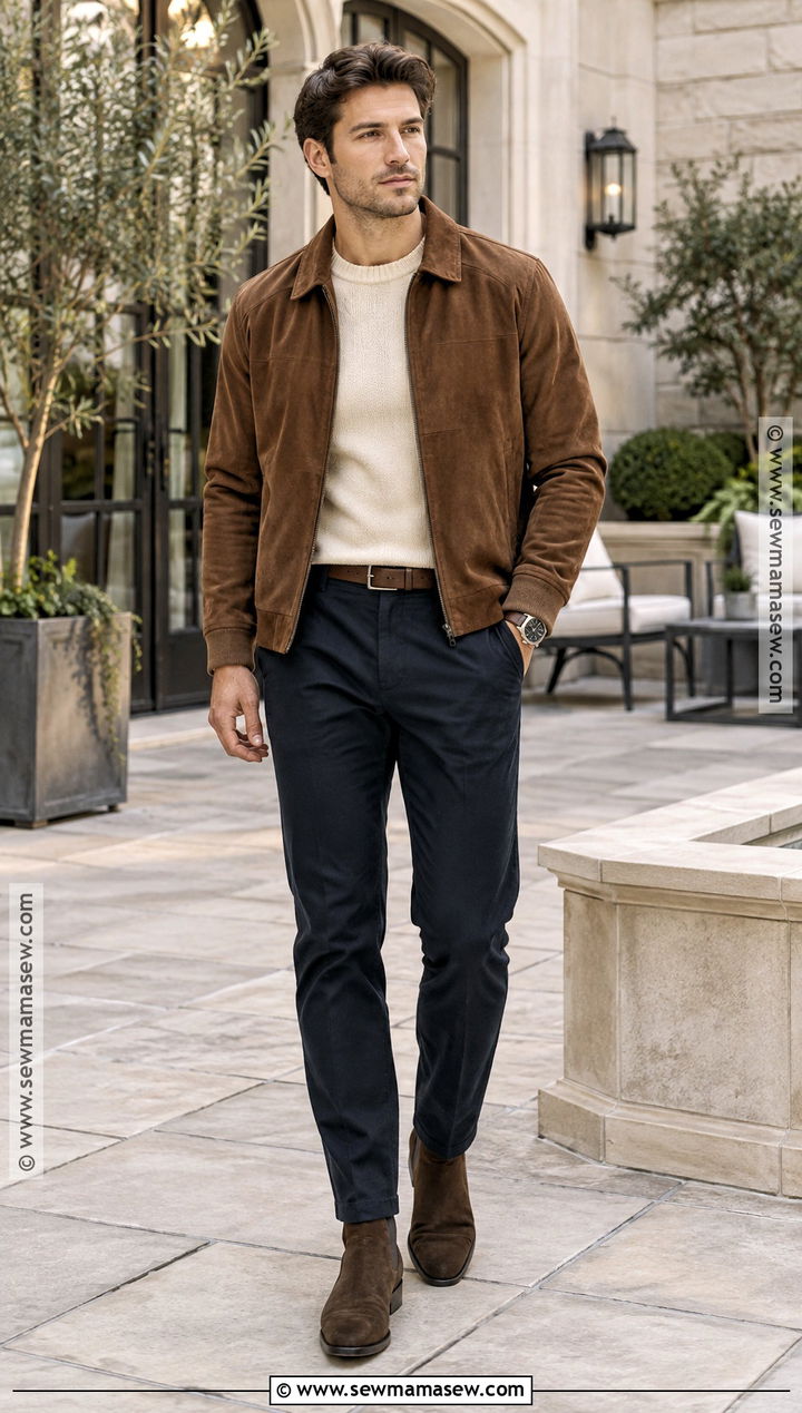Suede Jacket With Knit Sweater and Chinos - 15 fall jackets outfit for men