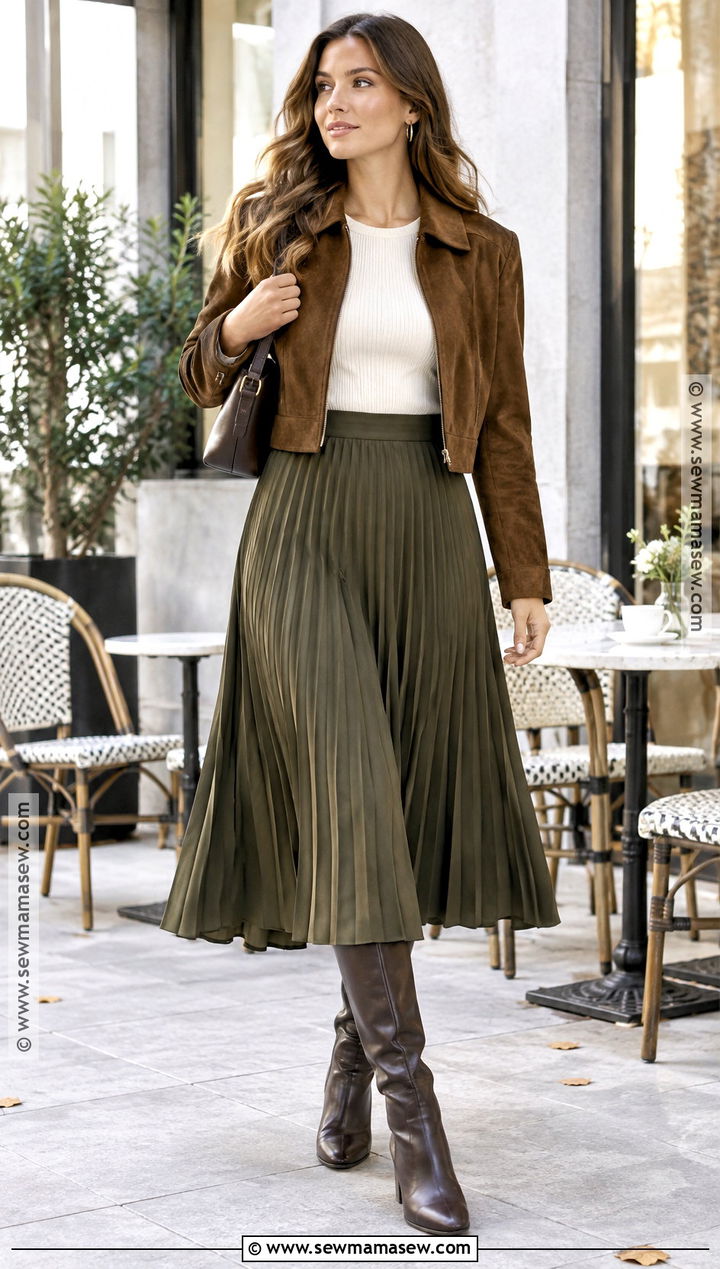 Suede Jacket With Midi Skirt - 20 chic fall fashion ideas