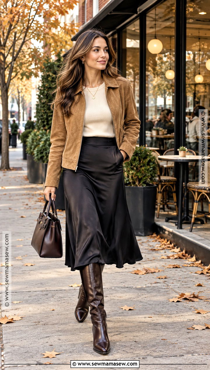 Suede Jacket With Midi Skirt And Boots - 15 Outfit Autumn 2026 Ideas for Women