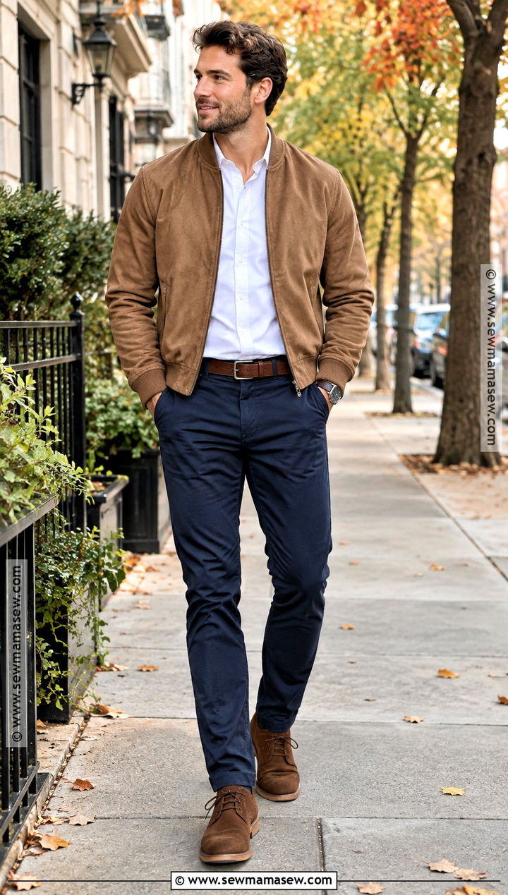 Suede Jacket With Oxford Shirt And Chinos - 15 Mens Smart Casual Outfits Autumn
