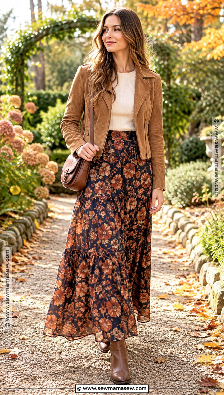 Suede Jacket With Printed Maxi Skirt - 15 fall suede jacket outfit ideas