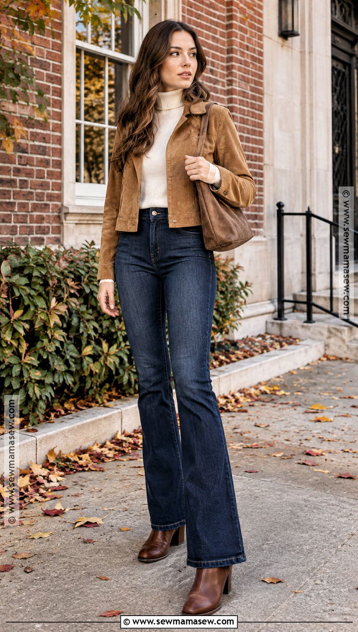 Suede Jacket With Turtleneck And Bootcut Jeans - 25 fall attire ideas