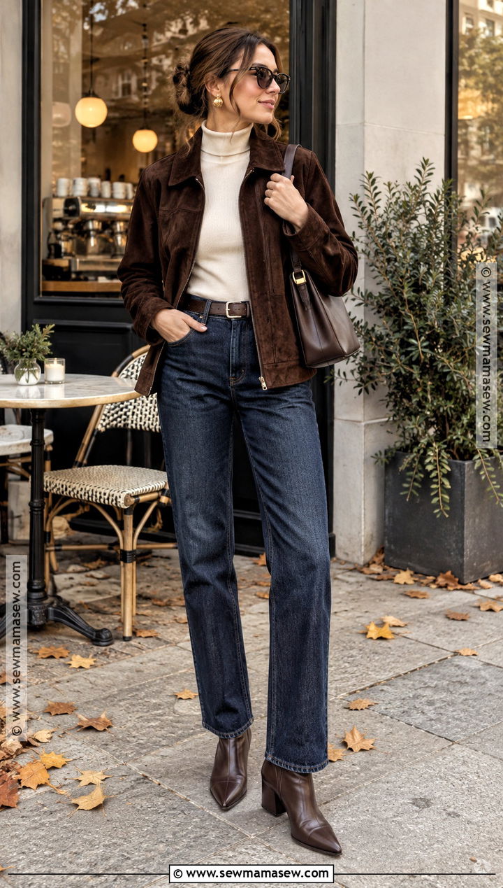 Suede Jacket With Turtleneck And Jeans Fall Outfit - 20 Warmer Fall Outfits