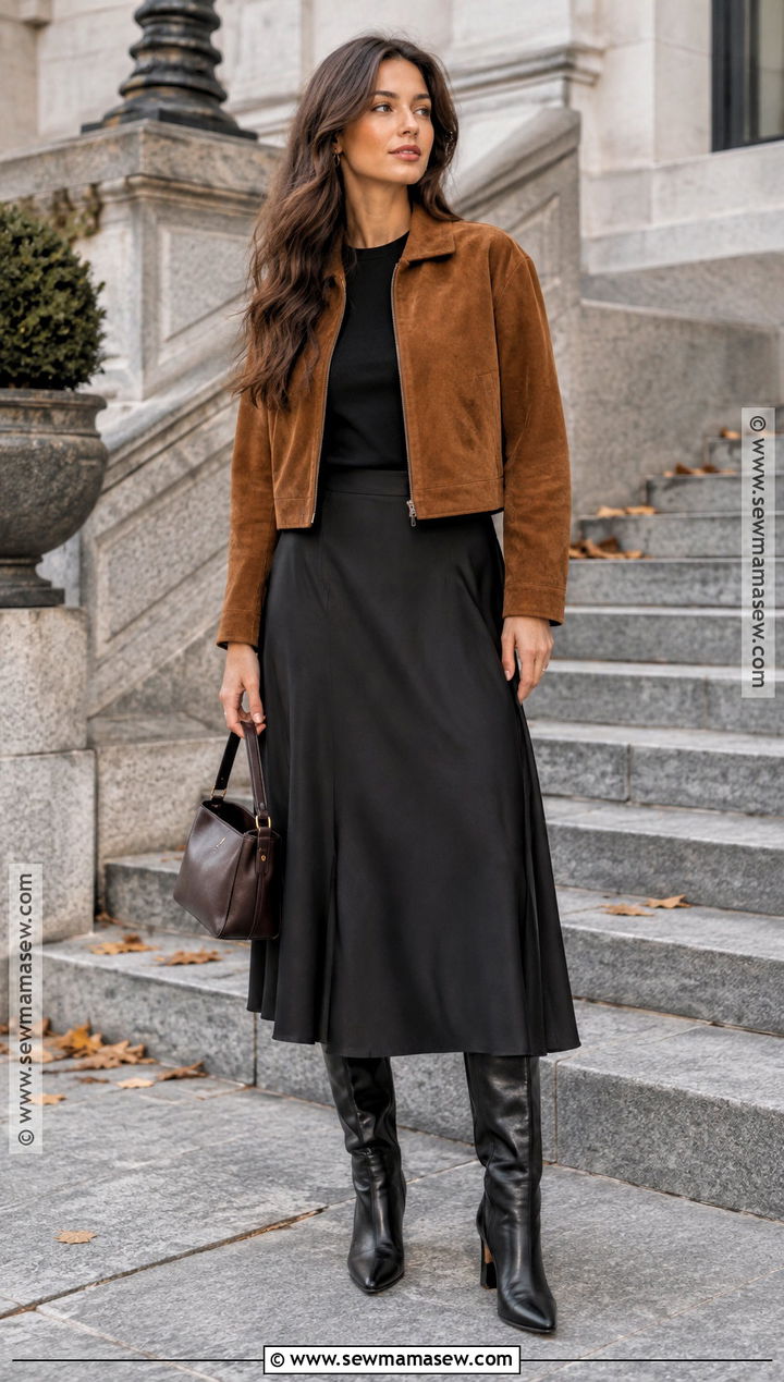 Suede Jacket and Black Midi Skirt Fall Outfit - 15 Fashion Inspo Outfits Minimal Chic Fall
