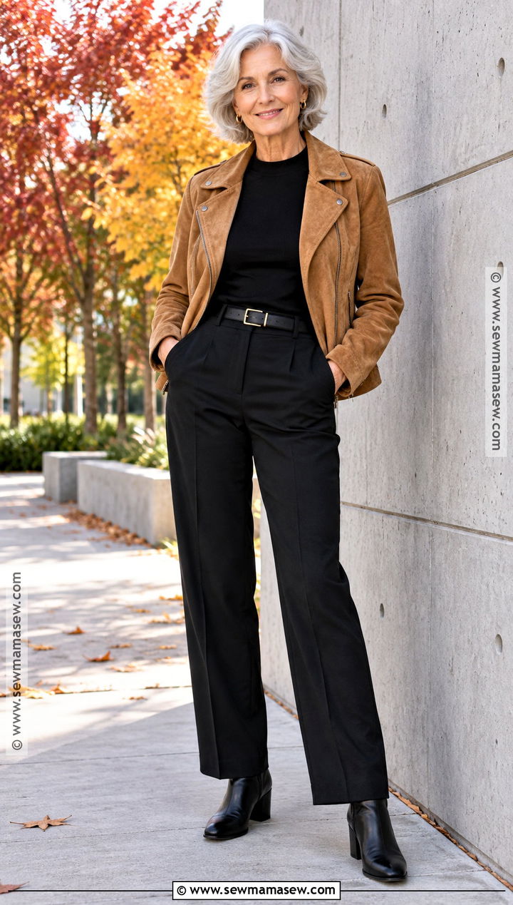Suede Jacket and Black Pants Senior Picture Outfit - 20 Fall Senior Picture Outfits