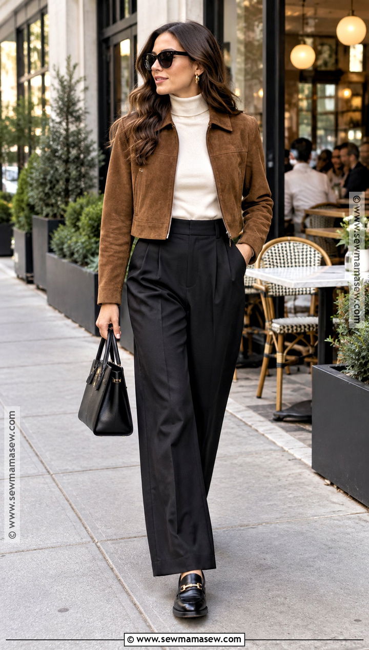 Suede Jacket and Black Trousers Fall Brunch Outfit - 20 Sunday Brunch Outfit Fall Ideas