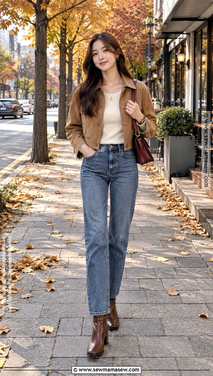 Suede Jacket and Blue Jeans Autumn Outfit - 20 autumn in korea outfit ideas
