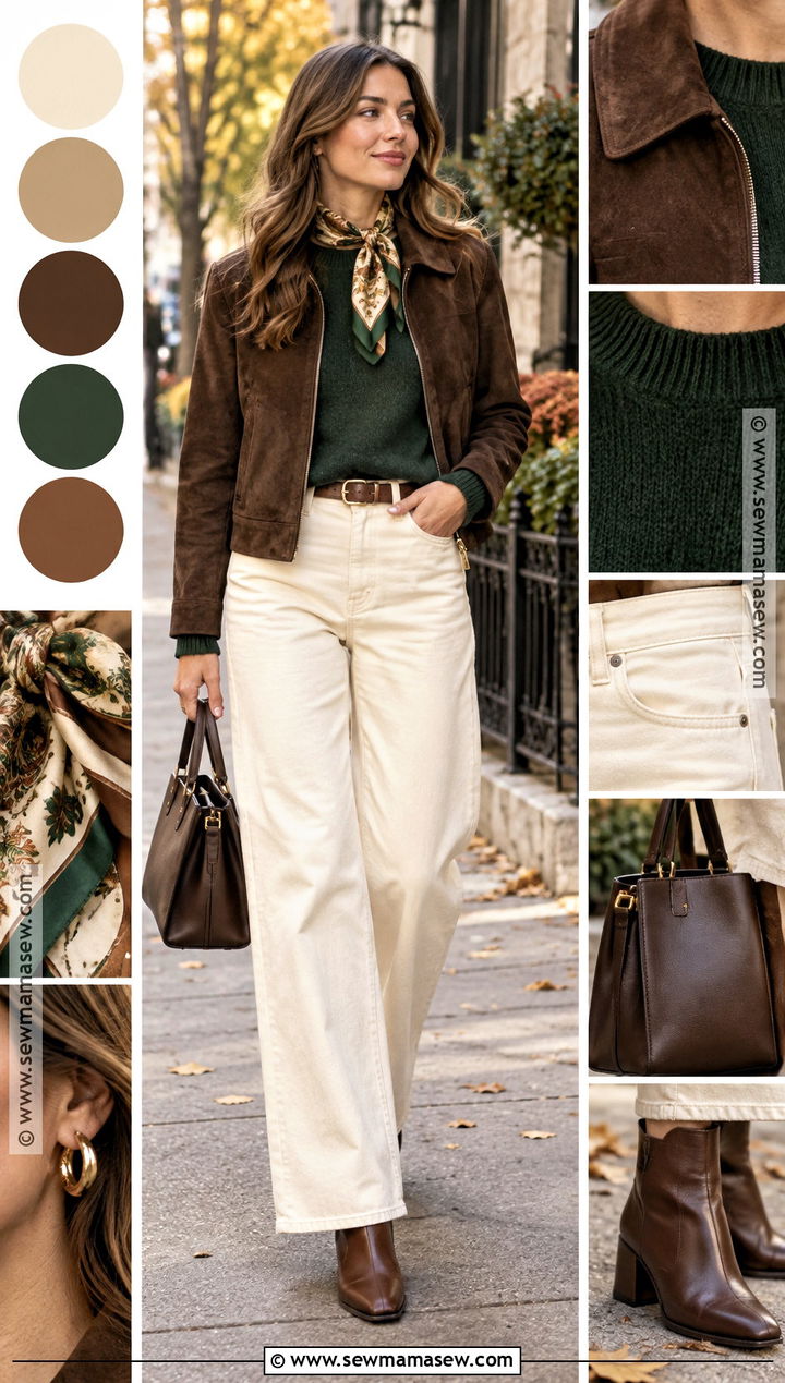 Suede Jacket and Cream Jeans Autumn Outfit - 15 cozy autumn outfit collage ideas