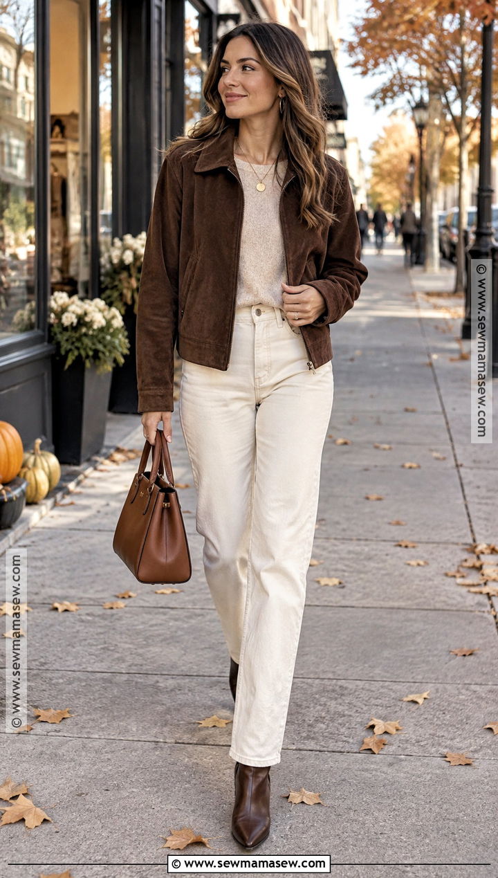 Suede Jacket and Cream Jeans Fall Outfit - 25 elegant fall outfits