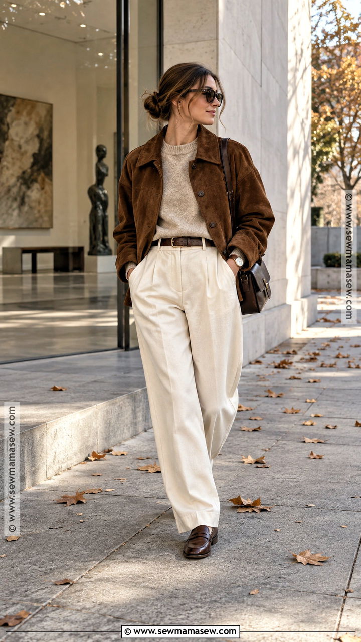 Suede Jacket and Cream Trousers Fall Outfit - 20 Fall Outfits Masc for Women
