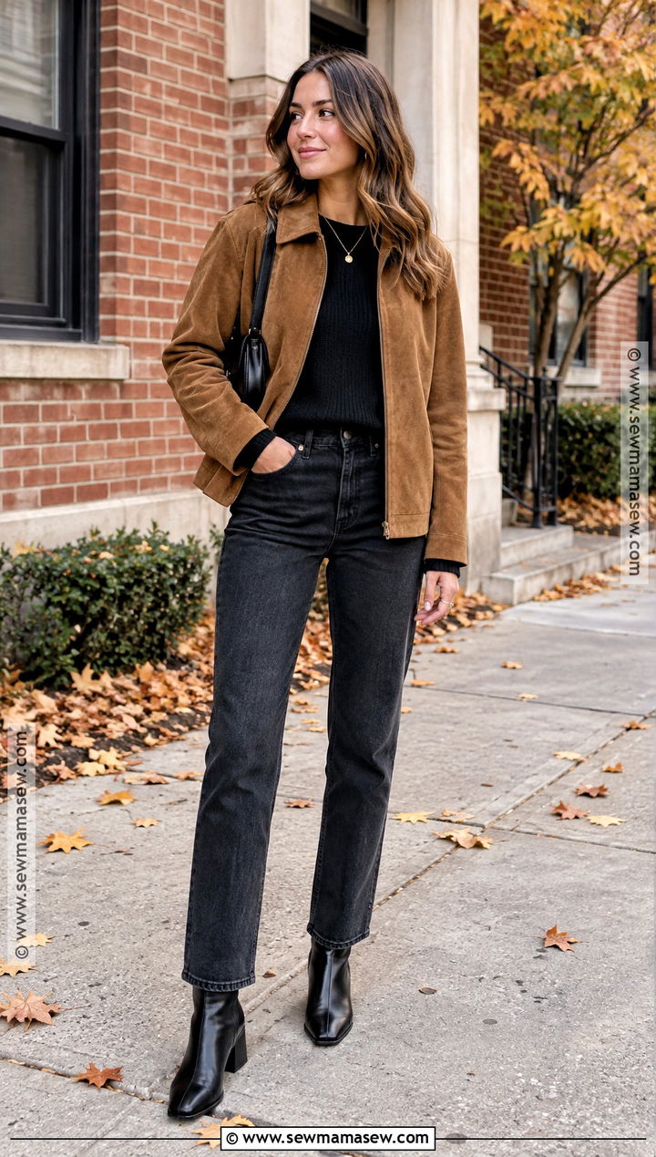 Suede Jacket and Dark Denim Fall Outfit - 15 cute fall and christmas outfits