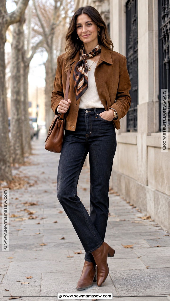 Suede Jacket and Dark Jeans Fall Outfit - 20 fall warm outfits