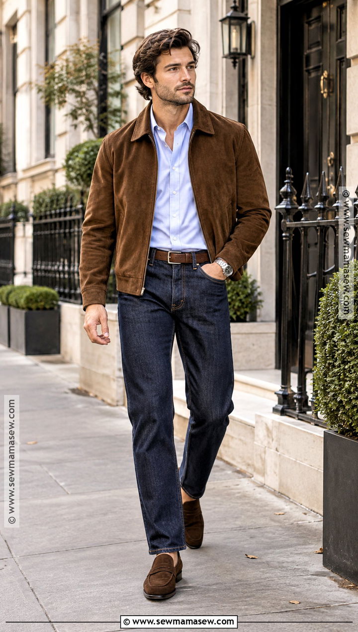 Suede Jacket and Dark Jeans Fall Outfit - 15 cute fall outfits for men
