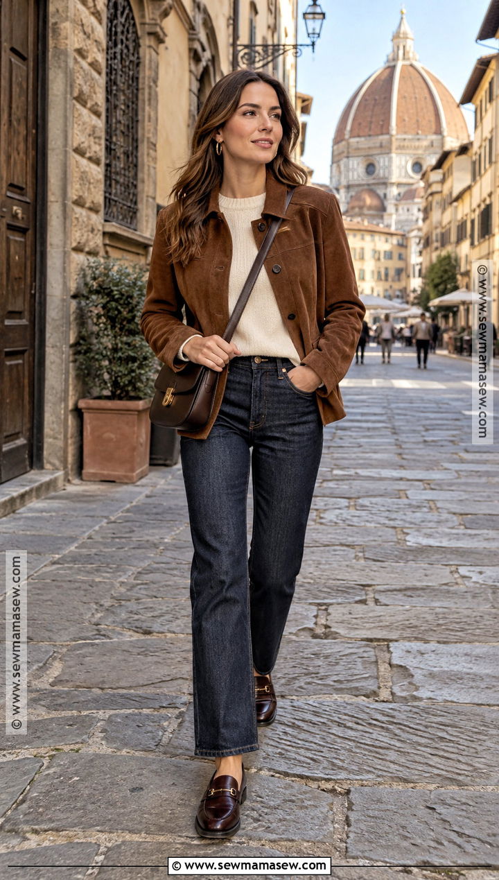 Suede Jacket and Dark Jeans Florence Fall Outfit - 20 florence italy outfits fall aesthetic