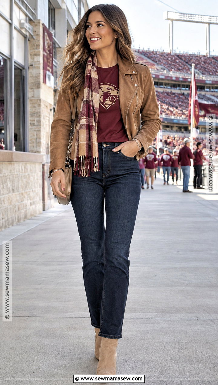 Suede Jacket and Dark Jeans Gameday Outfit - 20 fall gameday outfit ideas
