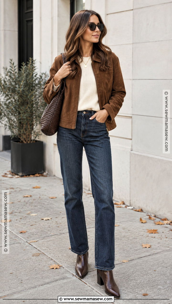 Suede Jacket and Dark Wash Jeans Fall Outfit - 25 trendy fall outfits