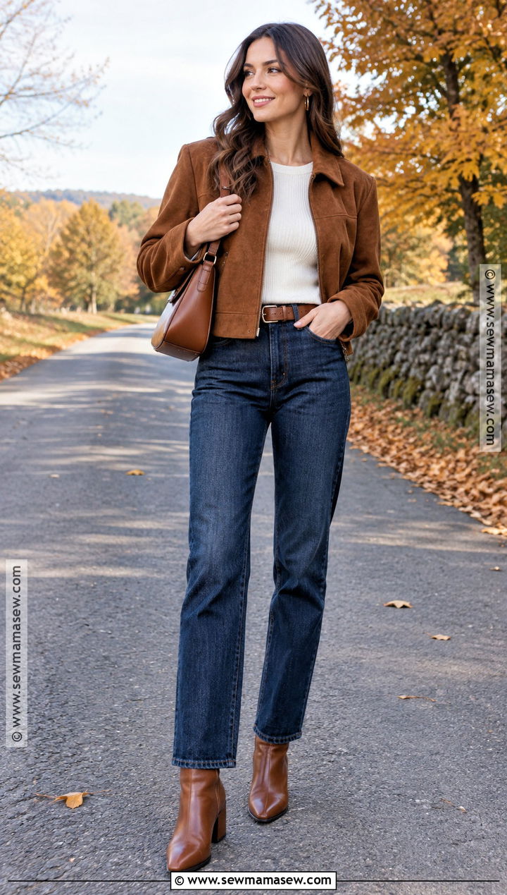 Suede Jacket and Dark Wash Jeans Fall Photoshoot - 15 Cute Fall Outfits Photoshoot