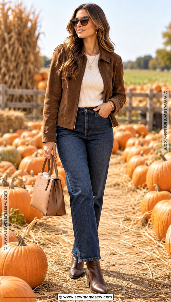Suede Jacket and Dark Wash Jeans Pumpkin Patch Outfit - 15 pumpkin patch style ideas