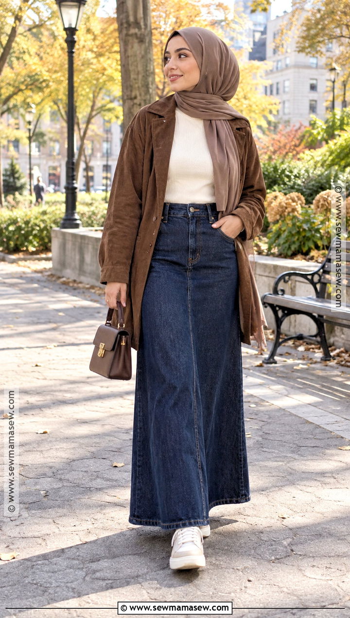 Suede Jacket and Denim Maxi Skirt Hijab Outfit - 25 fall hijab outfits