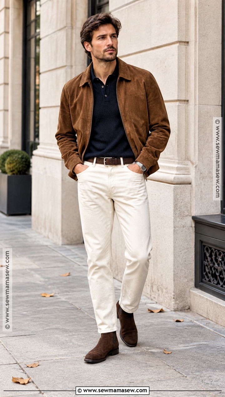 Suede Jacket and Ecru Jeans Fall Outfit - 20 Fall Outfits for Guys