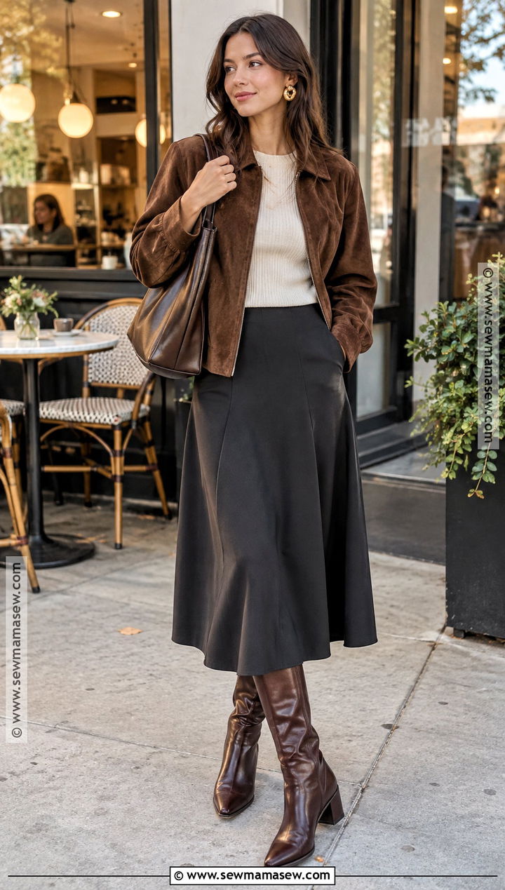 Suede Jacket and Midi Skirt New York Fall Outfit - 20 New York Aesthetic Outfits Fall