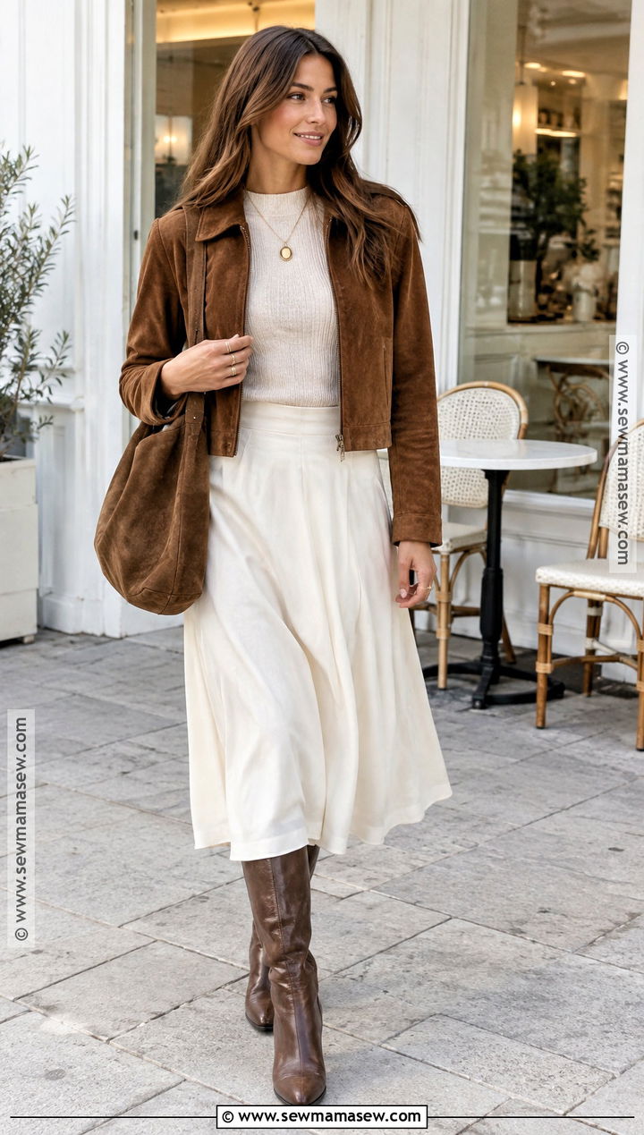 Suede Jacket and White Midi Skirt Fall Outfit - 20 fall it girl outfits
