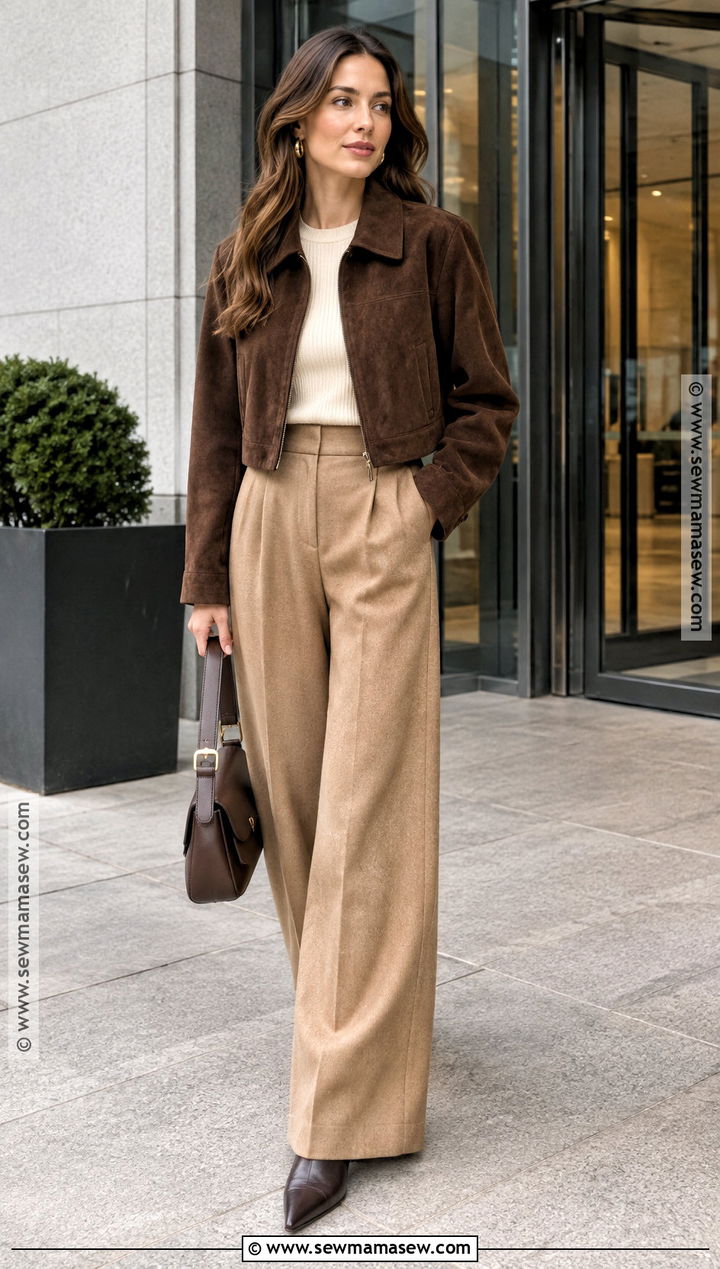 Suede Jacket and Wide Leg Trousers Autumn Outfit - 15 autumn women outfits 2026