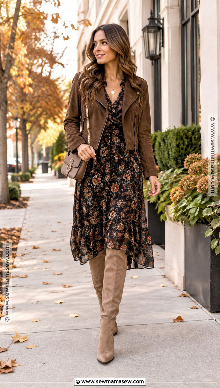 Suede Knee High Boots With Floral Midi Dress - 20 knee boots outfit fall