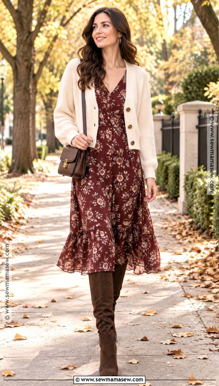 Suede Knee High Boots With Floral Midi Dress - 20 fall knee high boots