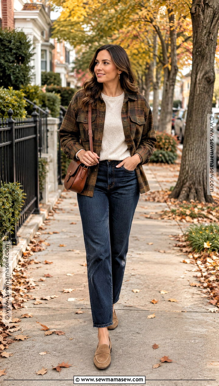Suede Loafers With Dark Jeans and Plaid Overshirt - 20 loafers for women outfit fall ideas