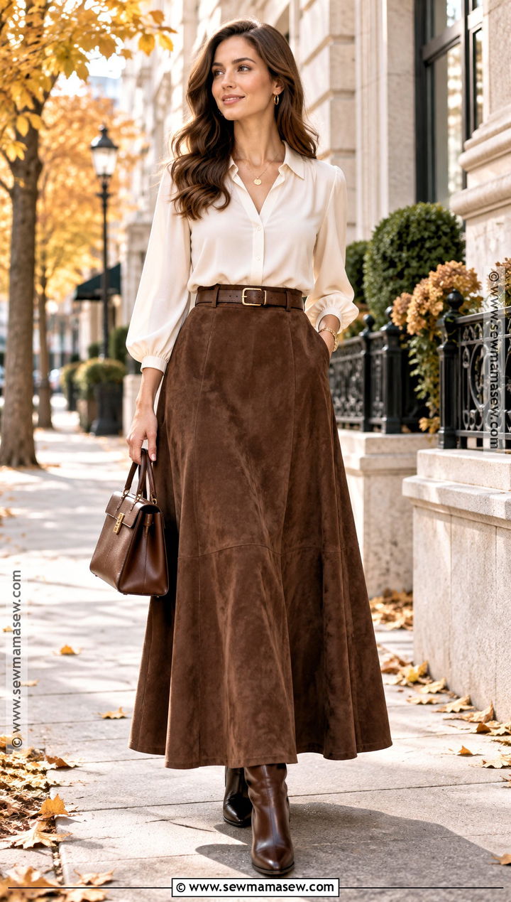 Suede Maxi Skirt With Cream Blouse And Knee High Boots - 20 Autumn Maxi Skirt Outfit Ideas
